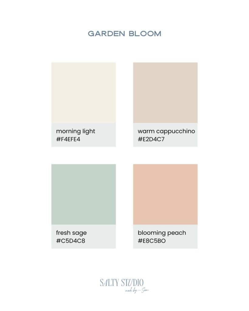 Color palette titled "Garden Bloom" with four pastel shades: Morning Light (#F4EFE4), Warm Cappuccino (#E2D4C7), Fresh Sage (#C5D4C8), Blooming Peach (#E8C5B0).