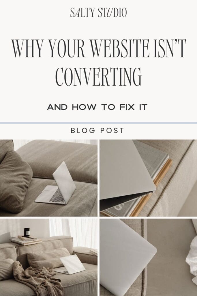 Collage of neutral-toned home office scenes featuring a laptop on a beige couch. The text above reads 'Why Your Website Isn’t Converting and How to Fix It.' The calm and minimalist design suggests a focus on productivity and ease.