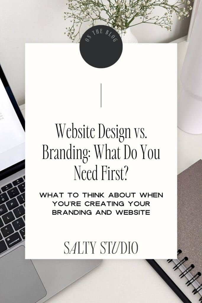 Elegant blog graphic with text 'Website Design vs. Branding: What Do You Need First?' on a minimal desk scene featuring a laptop, notebook, and vase with delicate flowers, conveying a professional tone.
