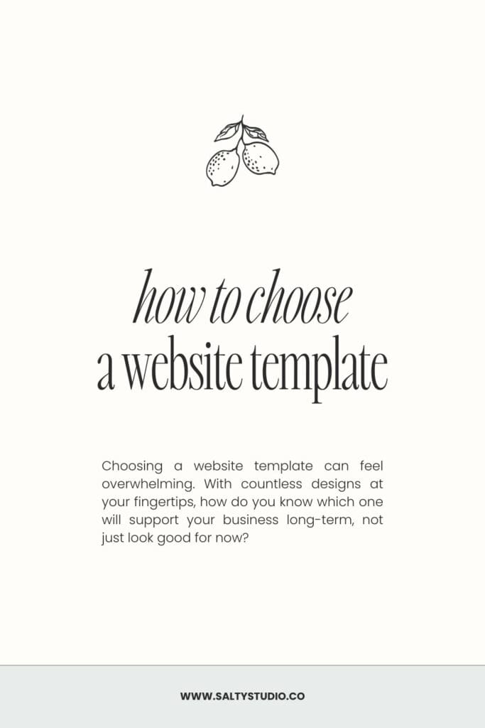 Alt text: Minimalistic design with hand-drawn lemons above the text "how to choose a website template." Descriptive text guides on template selection. Website URL below.