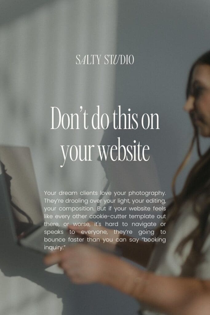 A person uses a laptop with text overlay: "Salty Studio: Don’t do this on your website." The tone is advisory, focusing on website design tips.