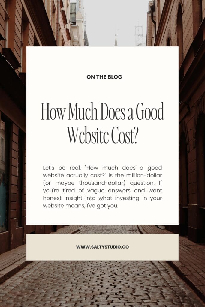 Alt text: "Blog post titled 'How Much Does a Good Website Cost?' overlaid on a narrow cobblestone street flanked by tall brick buildings. URL at the bottom."